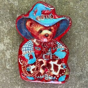 VINTAGE 1876 giftco cowboy bear tin container !!!